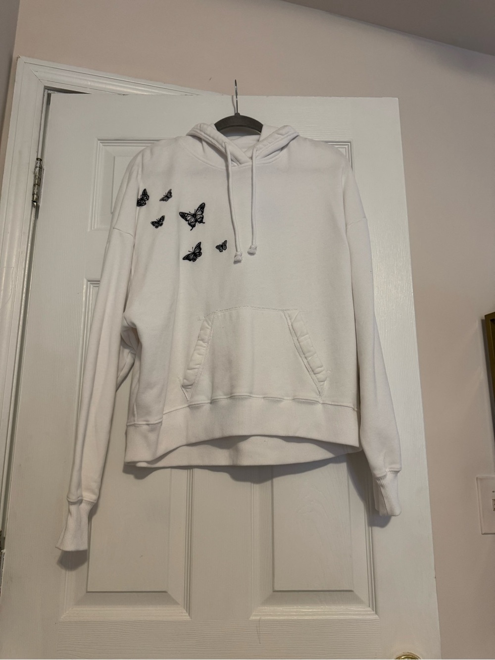 Hollister White Hoodie with Black Butterfly Embroidery